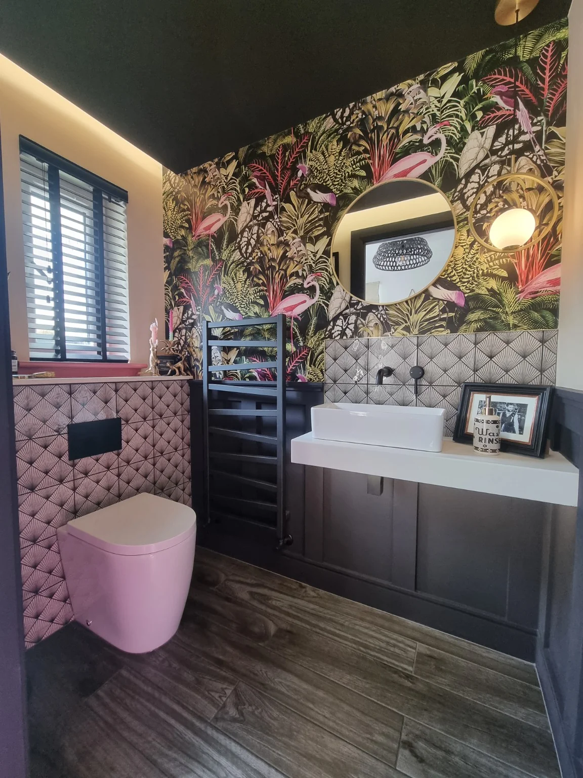 Bold botanical cloakroom with dark panelling in Glasgow